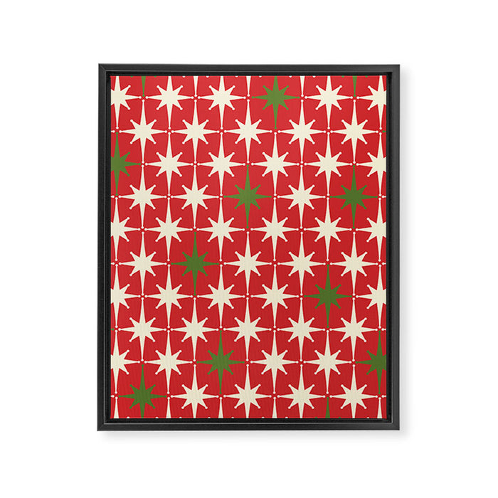 Atomic Age Christmas Starbursts - Midcentury Modern Xmas Holiday Pattern Cream Green Red Framed Canvas Print Gallery Image 1