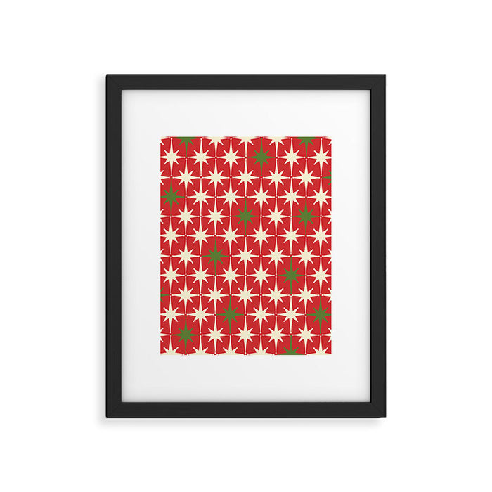 Atomic Age Christmas Starbursts - Midcentury Modern Xmas Holiday Pattern Cream Green Red Framed Art Print Gallery Image 1