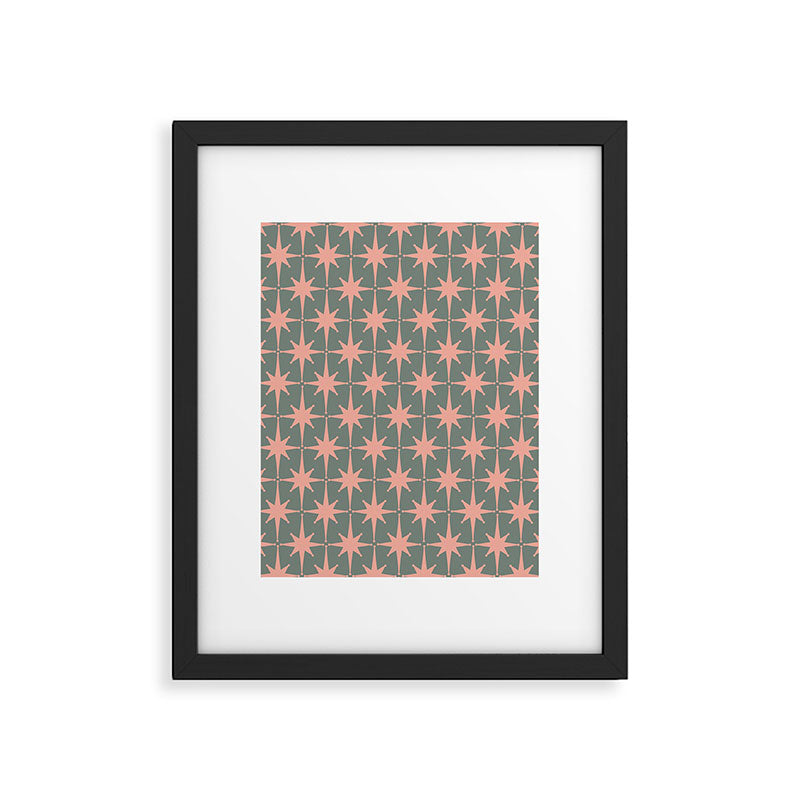 Atomic Age Retro 50s Starburst Pattern in Blush Pink and Gray-Green Framed Art Print Gallery Image 4