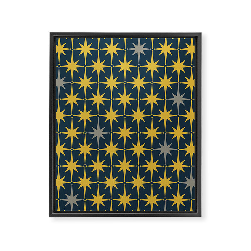 Atomic Age Retro Midcentury 1950s Starburst Pattern in Light Mustard, Gray, and Navy Blue Framed Canvas Print Gallery Image 6