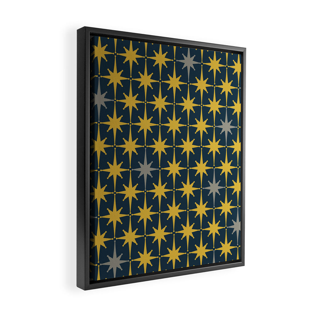 Atomic Age Retro Midcentury 1950s Starburst Pattern in Light Mustard, Gray, and Navy Blue Framed Canvas Print Gallery Image 2