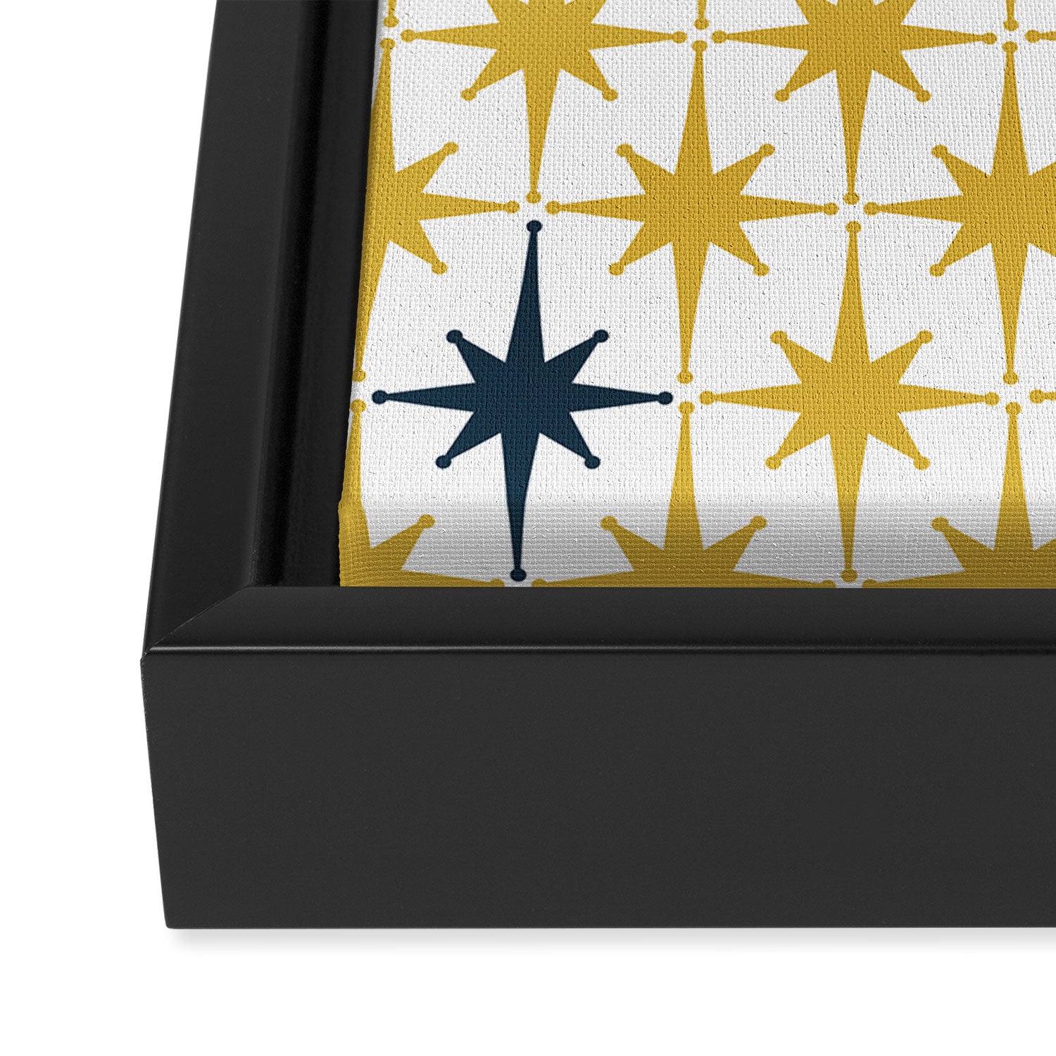 Atomic Age Retro Midcentury 1950s Starburst Pattern in Light Mustard, Navy Blue, and White Framed Canvas Print Gallery Image 3