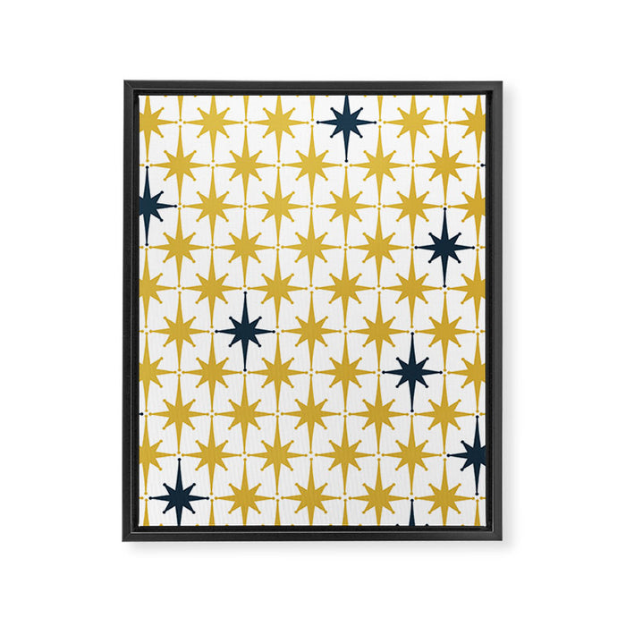 Atomic Age Retro Midcentury 1950s Starburst Pattern in Light Mustard, Navy Blue, and White Framed Canvas Print Gallery Image 1