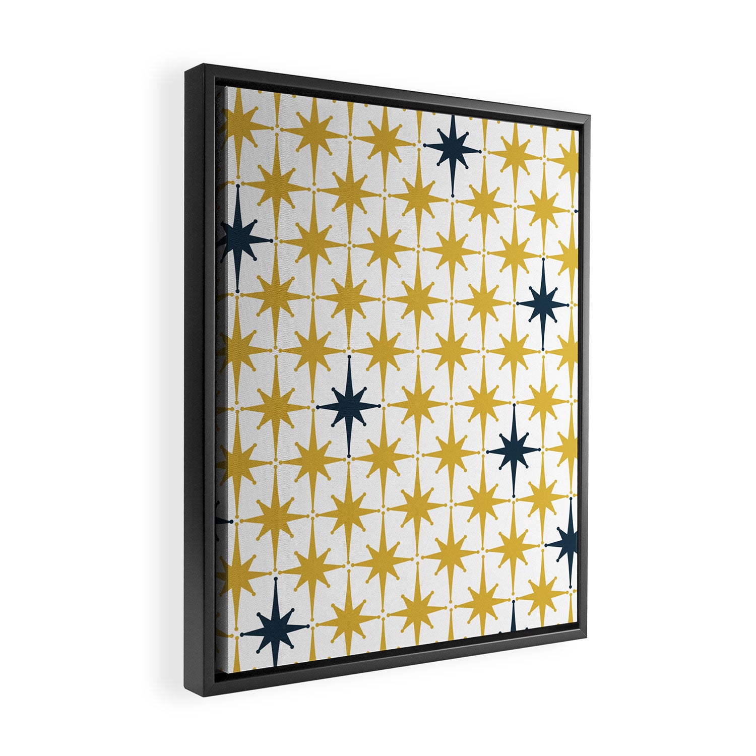 Atomic Age Retro Midcentury 1950s Starburst Pattern in Light Mustard, Navy Blue, and White Framed Canvas Print Gallery Image 2