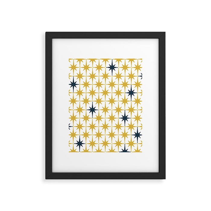 Atomic Age Retro Midcentury 1950s Starburst Pattern in Light Mustard, Navy Blue, and White Framed Art Print Gallery Image 1