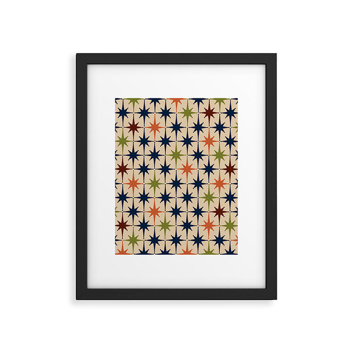 Atomic Age Retro Midcentury Geometric Starburst Pattern Mid Mod Lime Navy Maroon Orange Beige Framed Art Print Gallery Image 1
