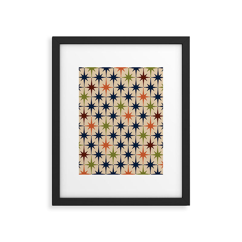 Atomic Age Retro Midcentury Geometric Starburst Pattern Mid Mod Lime Navy Maroon Orange Beige Framed Art Print Gallery Image 5