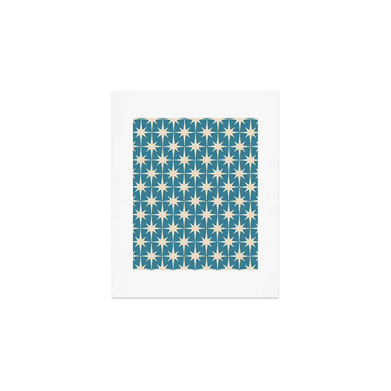 Atomic Age Retro Midcentury Starburst Pattern in Cream and 50s Blue Art Print Gallery Image 1