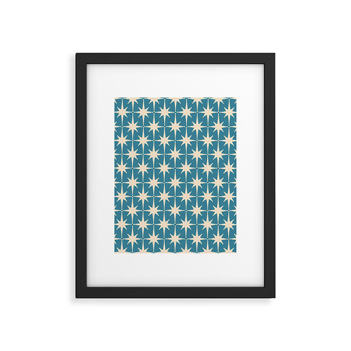 Atomic Age Retro Midcentury Starburst Pattern in Cream and 50s Blue Framed Art Print Gallery Image 1