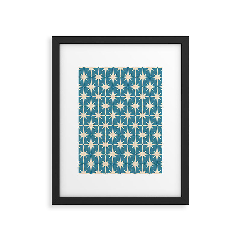 Atomic Age Retro Midcentury Starburst Pattern in Cream and 50s Blue Framed Art Print Gallery Image 5
