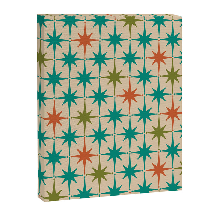 Atomic Age Retro Starburst Mid-century Modern Pattern in Mid Mod Turquoise, Orange, Olive, and Beige Canvas Print Gallery Image 1