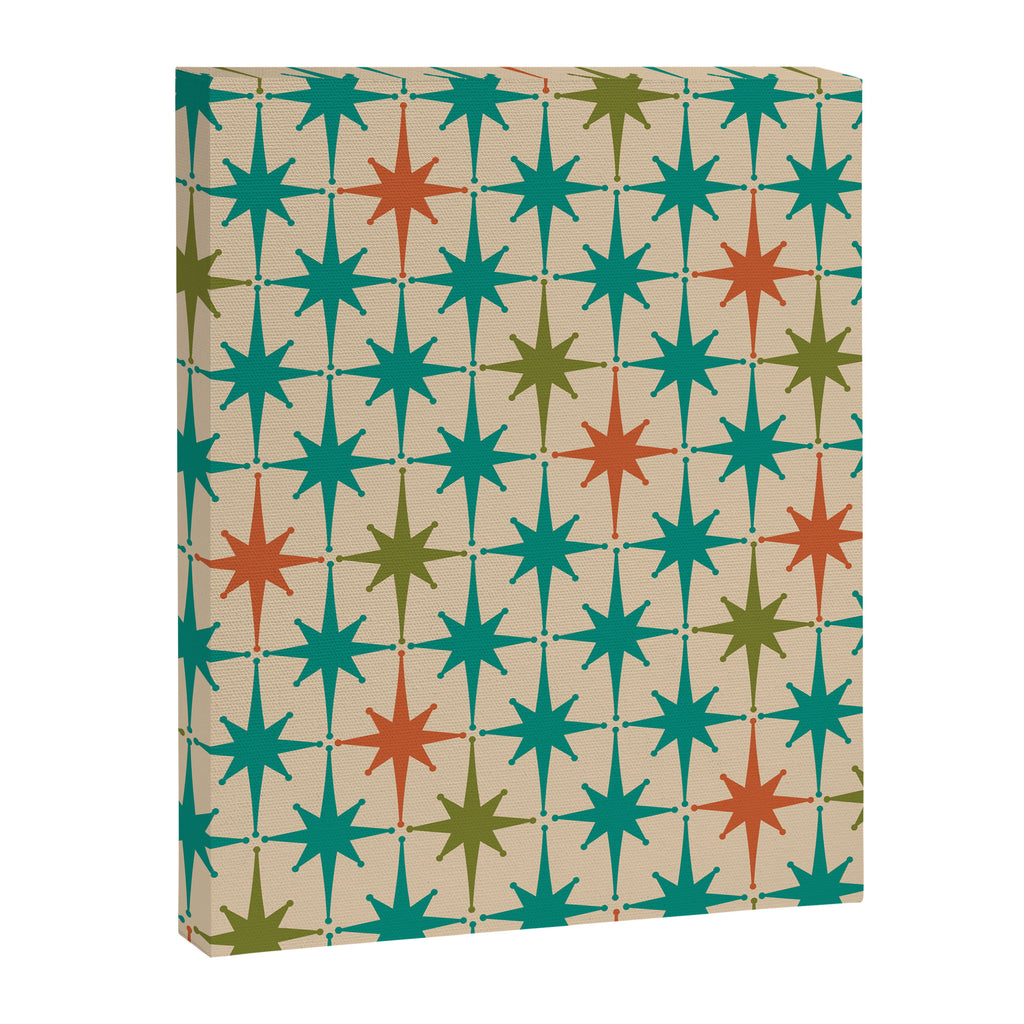 Atomic Age Retro Starburst Mid-century Modern Pattern in Mid Mod Turquoise, Orange, Olive, and Beige Canvas Print Gallery Image 6