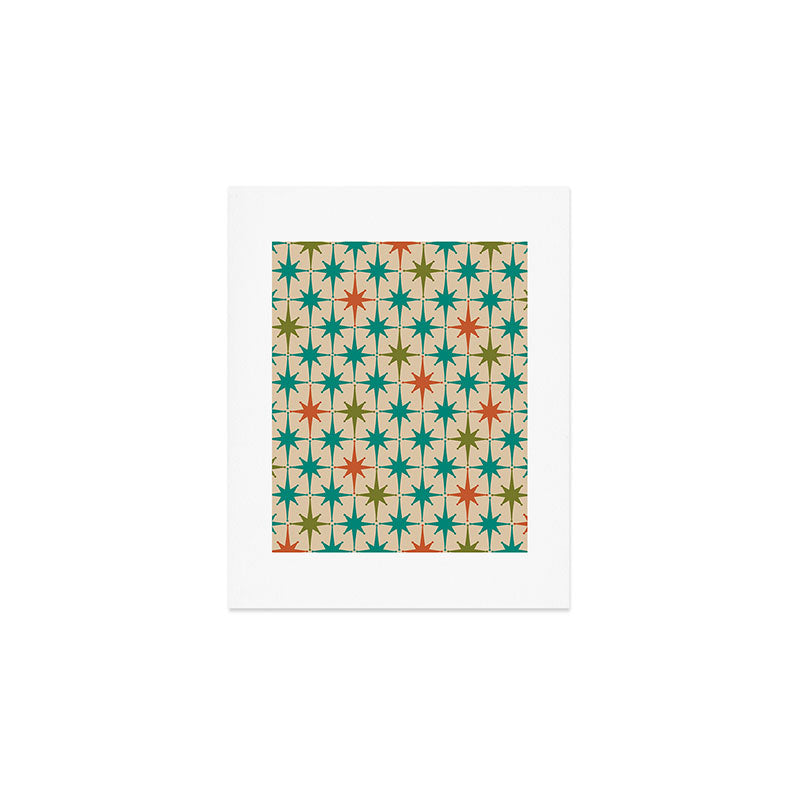 Atomic Age Retro Starburst Mid-century Modern Pattern in Mid Mod Turquoise, Orange, Olive, and Beige Art Print Gallery Image 1