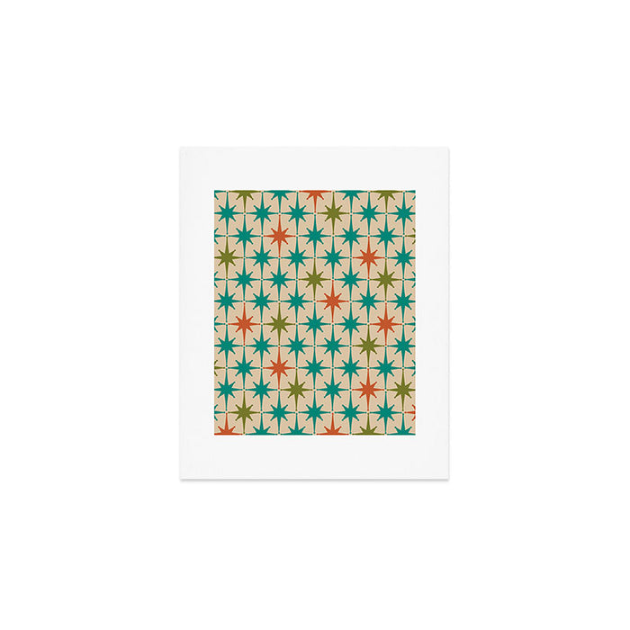Atomic Age Retro Starburst Mid-century Modern Pattern in Mid Mod Turquoise, Orange, Olive, and Beige Art Print Gallery Image 1