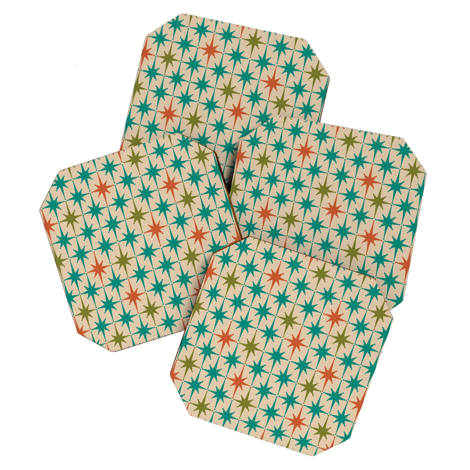 Atomic Age Retro Starburst Mid-century Modern Pattern in Mid Mod Turquoise, Orange, Olive, and Beige Coaster Gallery Image 1