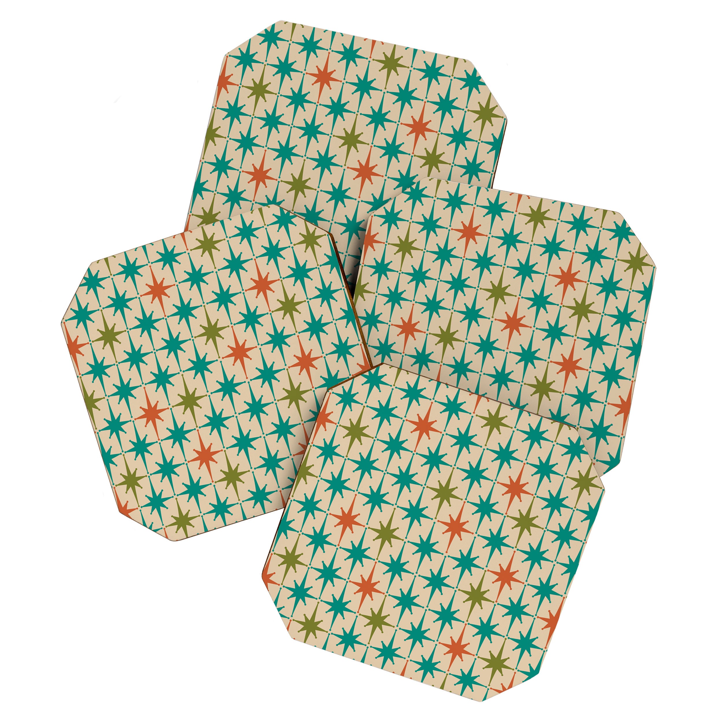 Atomic Age Retro Starburst Mid-century Modern Pattern in Mid Mod Turquoise, Orange, Olive, and Beige Coaster Gallery Image 1