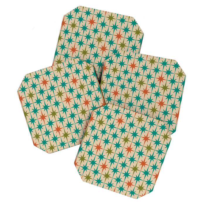 Atomic Age Retro Starburst Mid-century Modern Pattern in Mid Mod Turquoise, Orange, Olive, and Beige Coaster Gallery Image 1