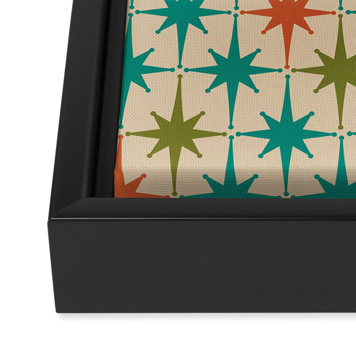 Atomic Age Retro Starburst Mid-century Modern Pattern in Mid Mod Turquoise, Orange, Olive, and Beige Framed Canvas Print Gallery Image 3
