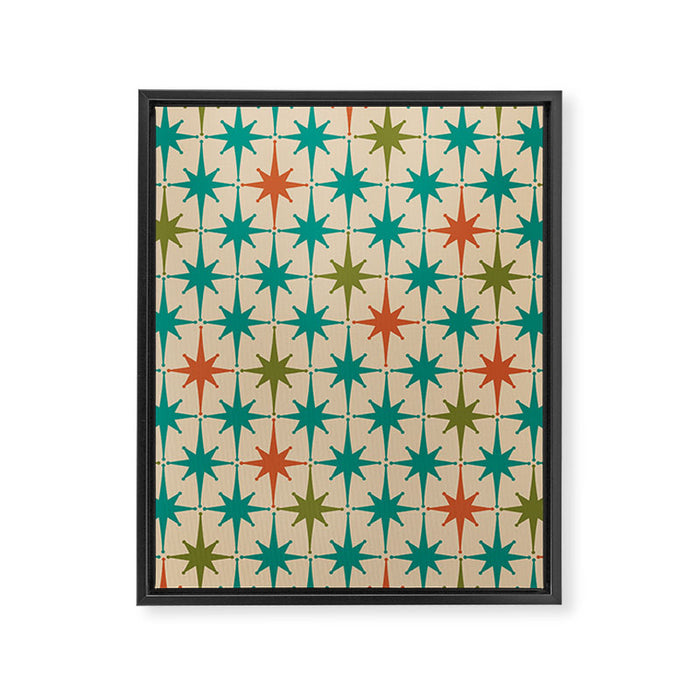 Atomic Age Retro Starburst Mid-century Modern Pattern in Mid Mod Turquoise, Orange, Olive, and Beige Framed Canvas Print Gallery Image 1