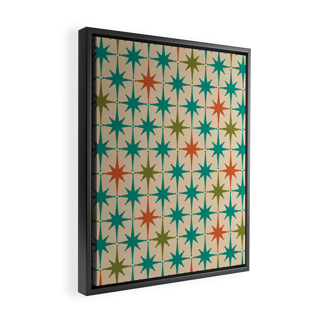 Atomic Age Retro Starburst Mid-century Modern Pattern in Mid Mod Turquoise, Orange, Olive, and Beige Framed Canvas Print Gallery Image 2