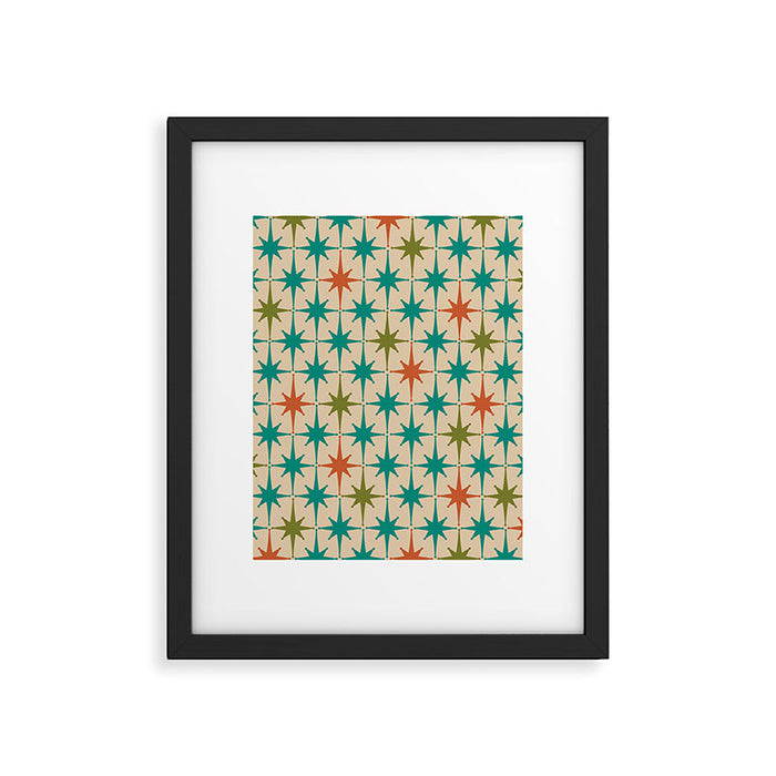 Atomic Age Retro Starburst Mid-century Modern Pattern in Mid Mod Turquoise, Orange, Olive, and Beige Framed Art Print Gallery Image 1