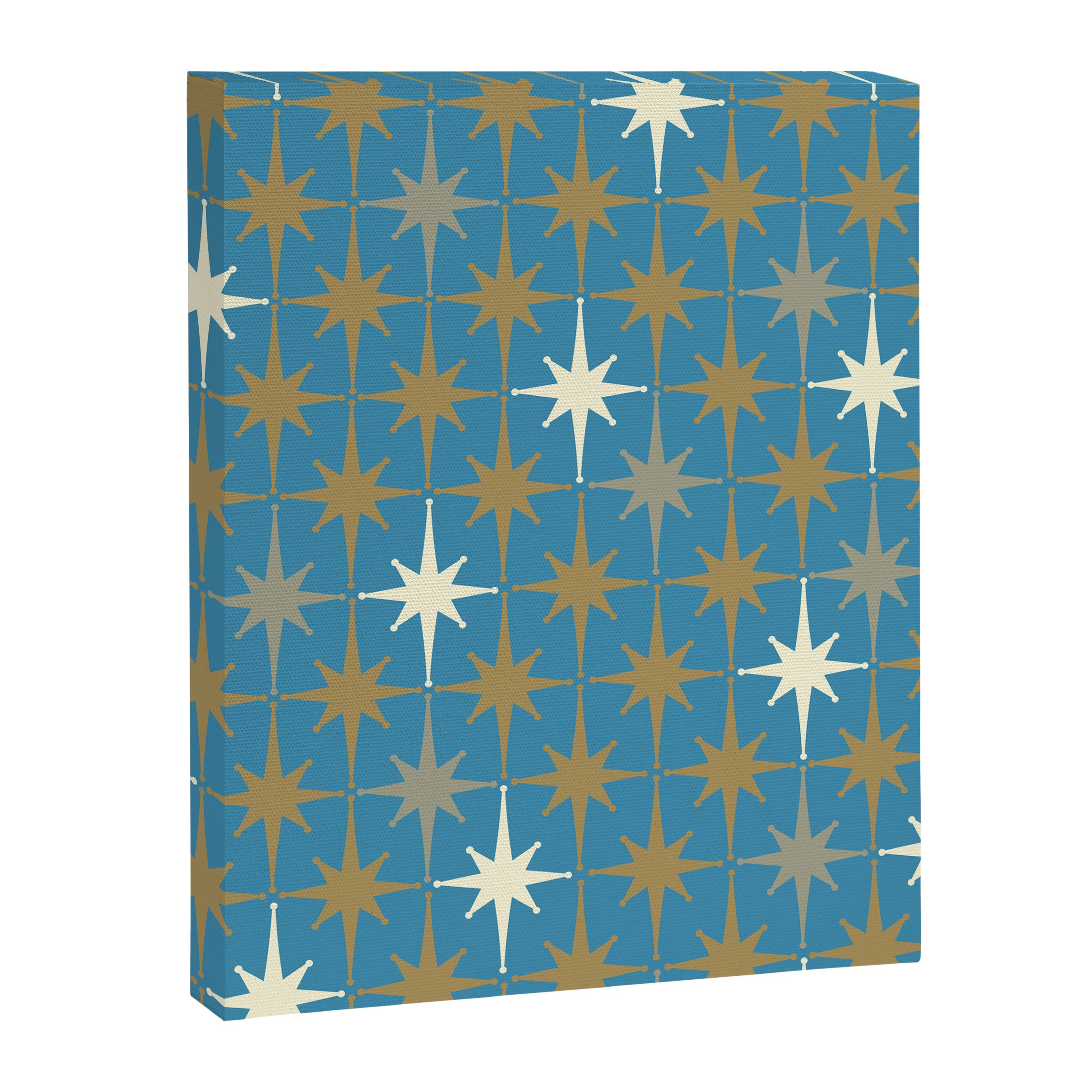 Atomic Age Retro Starburst Mid-century Modern Pattern in Burnished Gold, Taupe, Cream, and 50s Blue Canvas Print Gallery Image 6
