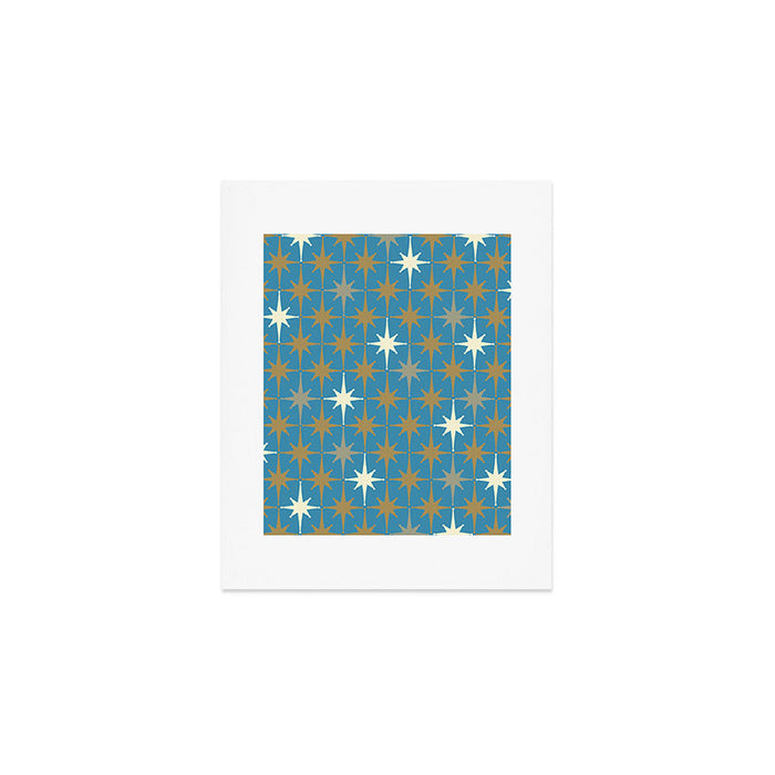 Atomic Age Retro Starburst Mid-century Modern Pattern in Burnished Gold, Taupe, Cream, and 50s Blue Art Print Gallery Image 1