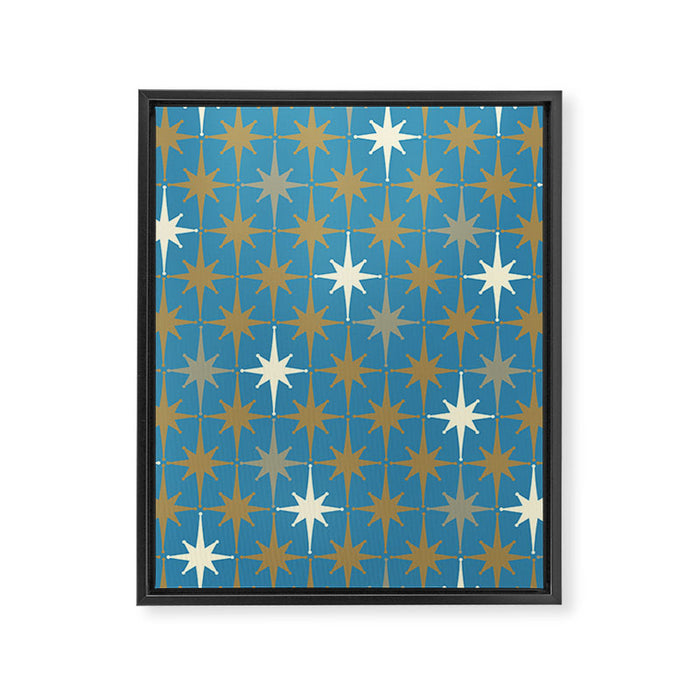 Atomic Age Retro Starburst Mid-century Modern Pattern in Burnished Gold, Taupe, Cream, and 50s Blue Framed Canvas Print Gallery Image 1