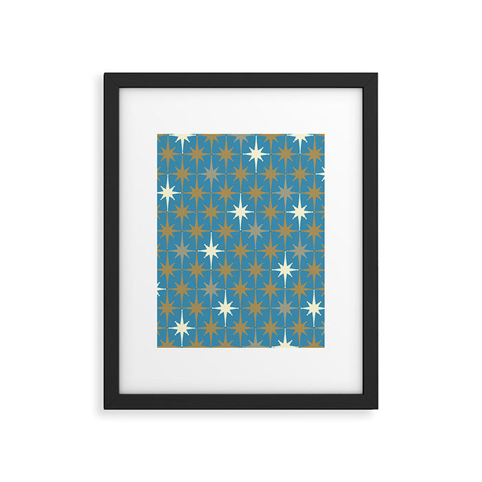 Atomic Age Retro Starburst Mid-century Modern Pattern in Burnished Gold, Taupe, Cream, and 50s Blue Framed Art Print Gallery Image 1