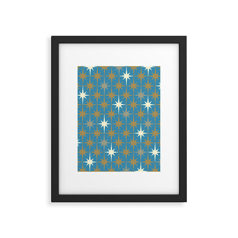 Atomic Age Retro Starburst Mid-century Modern Pattern in Burnished Gold, Taupe, Cream, and 50s Blue Framed Art Print Gallery Image 5