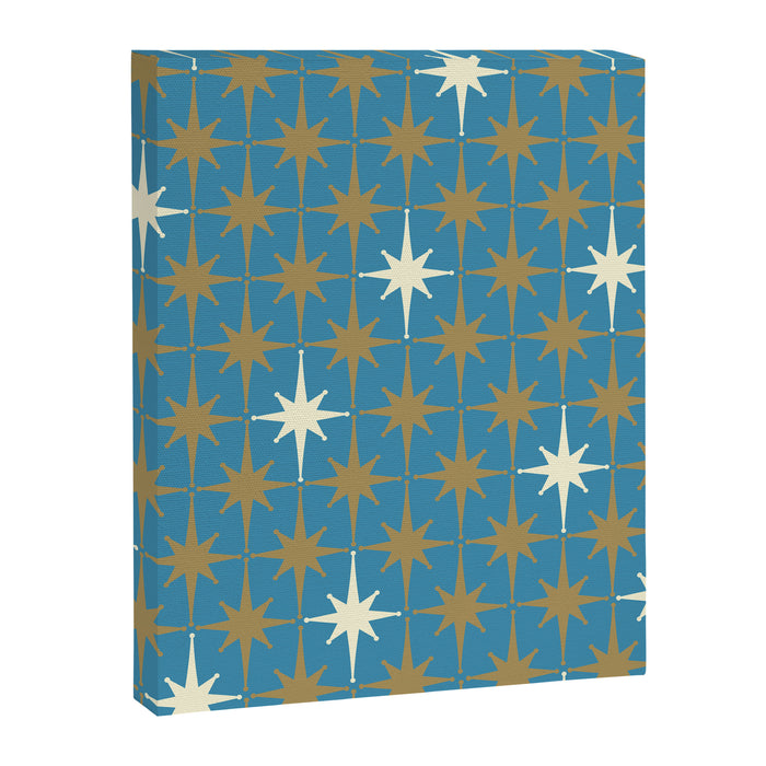 Atomic Age Retro Starburst Mid-century Modern Pattern in Burnished Gold, Cream, and 50s Blue Canvas Print Gallery Image 1