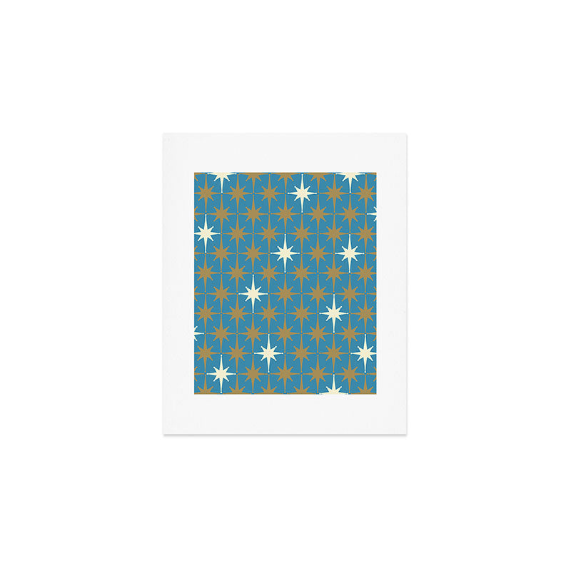 Atomic Age Retro Starburst Mid-century Modern Pattern in Burnished Gold, Cream, and 50s Blue Art Print Gallery Image 1