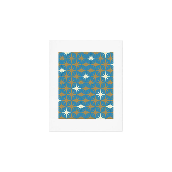 Atomic Age Retro Starburst Mid-century Modern Pattern in Burnished Gold, Cream, and 50s Blue Art Print Gallery Image 1