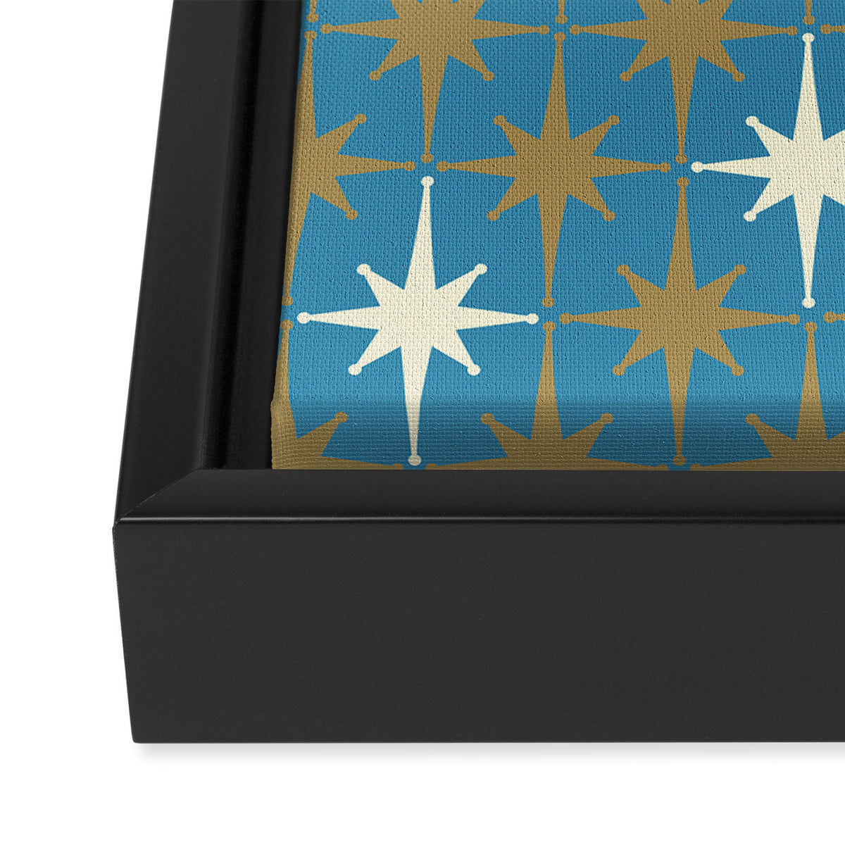 Atomic Age Retro Starburst Mid-century Modern Pattern in Burnished Gold, Cream, and 50s Blue Framed Canvas Print Gallery Image 3