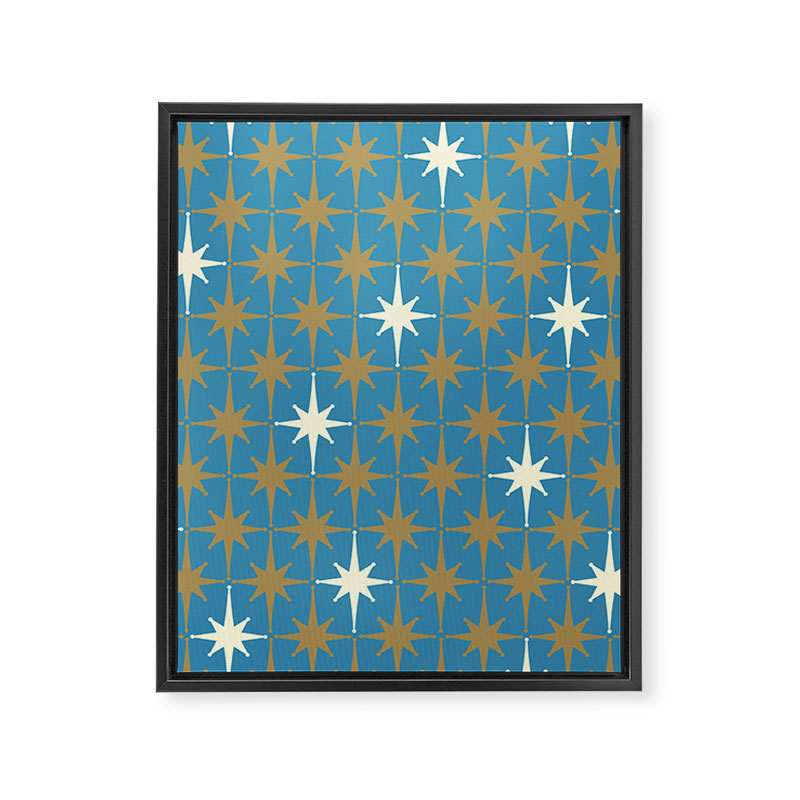 Atomic Age Retro Starburst Mid-century Modern Pattern in Burnished Gold, Cream, and 50s Blue Framed Canvas Print Gallery Image 6