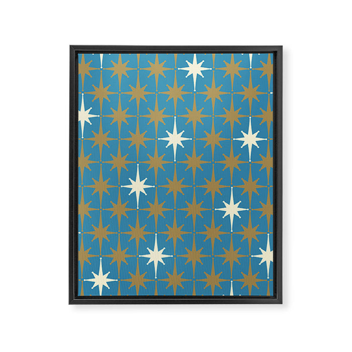 Atomic Age Retro Starburst Mid-century Modern Pattern in Burnished Gold, Cream, and 50s Blue Framed Canvas Print Gallery Image 1
