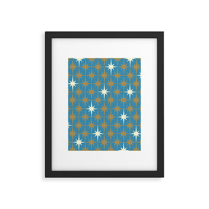 Atomic Age Retro Starburst Mid-century Modern Pattern in Burnished Gold, Cream, and 50s Blue Framed Art Print Gallery Image 1