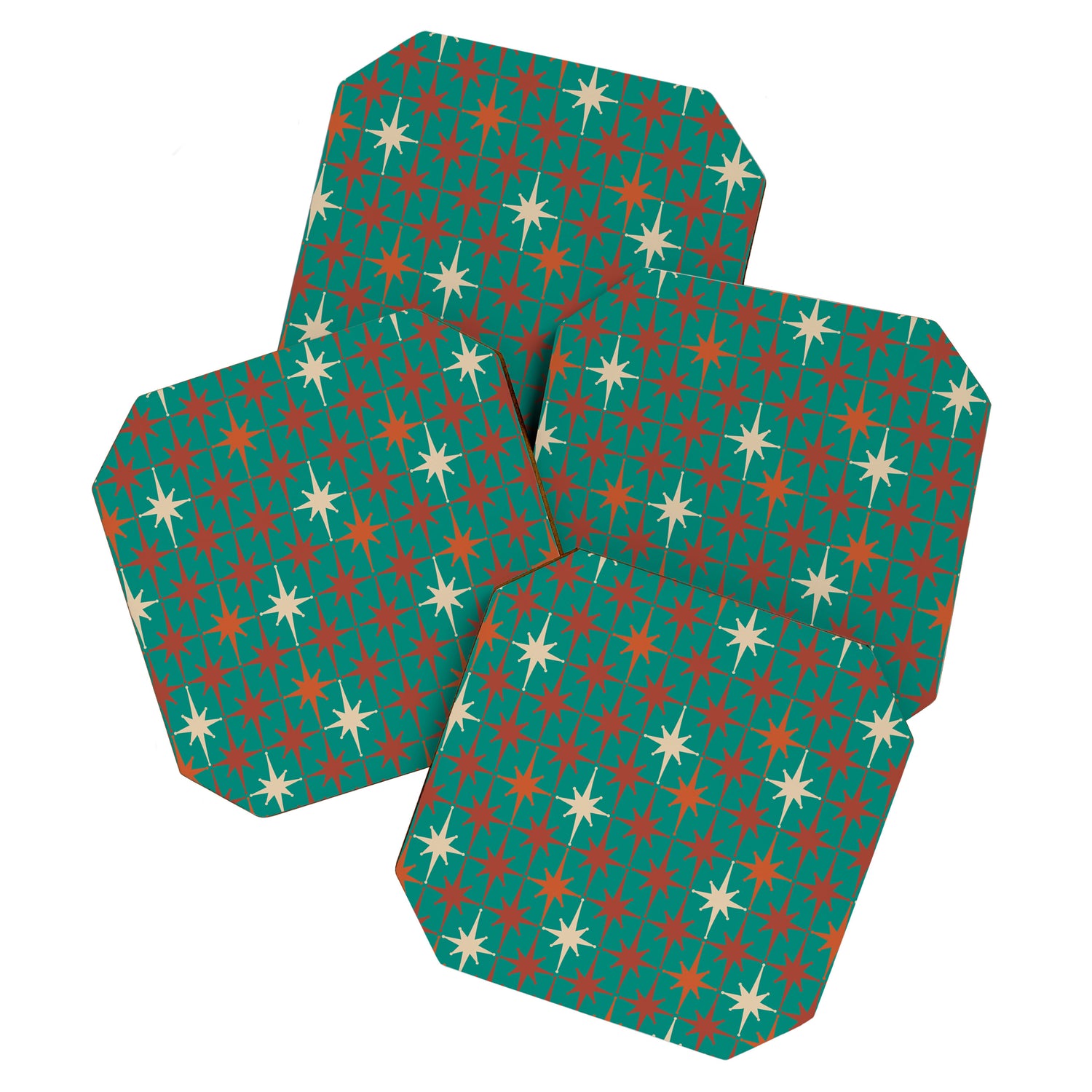 Atomic Age Retro Starburst Mid-century Modern Pattern in Mid Mod Orange, Beige, and Teal Coaster Gallery Image 1