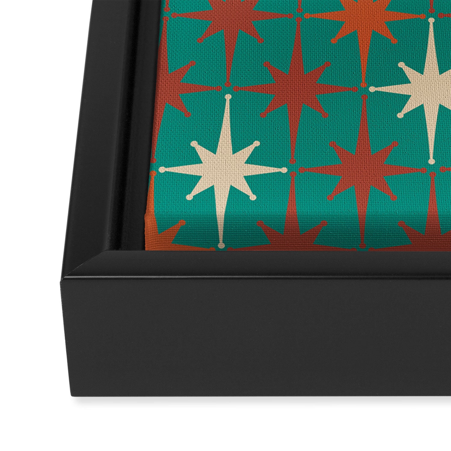 Atomic Age Retro Starburst Mid-century Modern Pattern in Mid Mod Orange, Beige, and Teal Framed Canvas Print Gallery Image 3