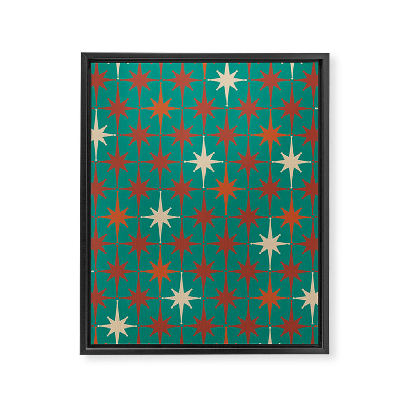 Atomic Age Retro Starburst Mid-century Modern Pattern in Mid Mod Orange, Beige, and Teal Framed Canvas Print Gallery Image 6