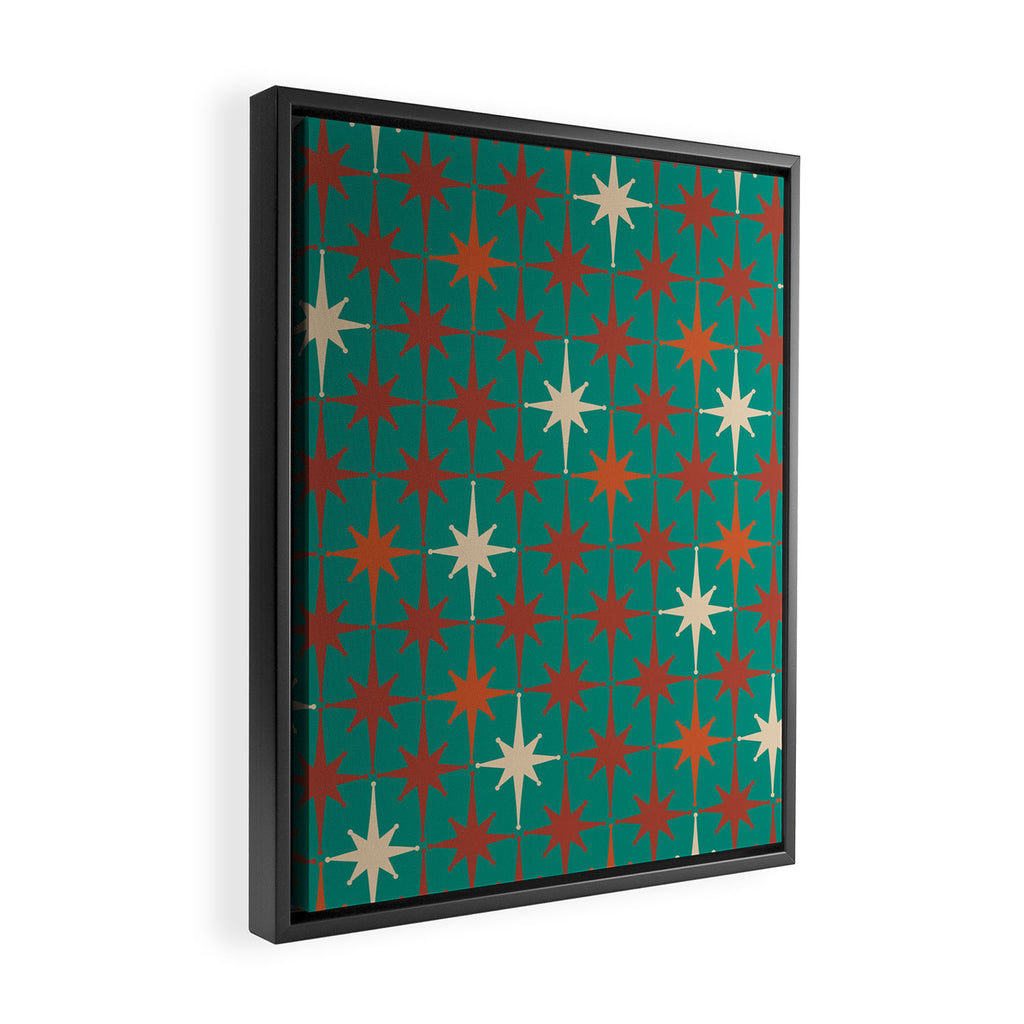 Atomic Age Retro Starburst Mid-century Modern Pattern in Mid Mod Orange, Beige, and Teal Framed Canvas Print Gallery Image 2
