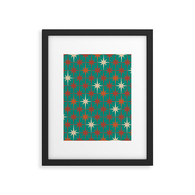 Atomic Age Retro Starburst Mid-century Modern Pattern in Mid Mod Orange, Beige, and Teal Framed Art Print Gallery Image 5
