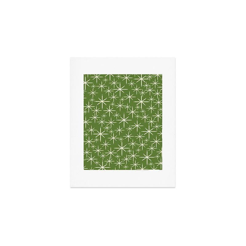 Atomic Age Starbursts - Mid Century Modern Pattern in Cream and Retro Christmas Green Art Print Gallery Image 1