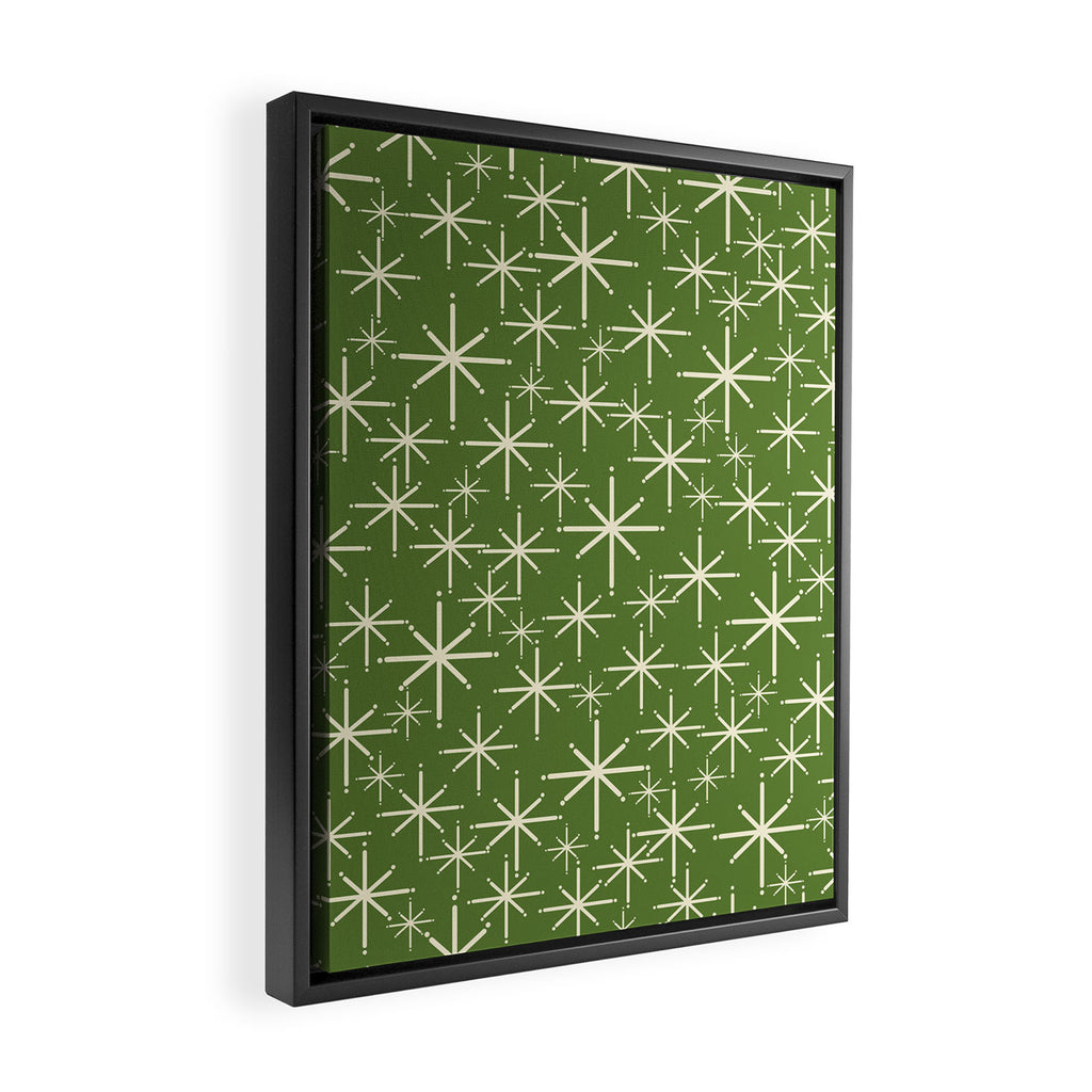 Atomic Age Starbursts - Mid Century Modern Pattern in Cream and Retro Christmas Green Framed Canvas Print Gallery Image 2