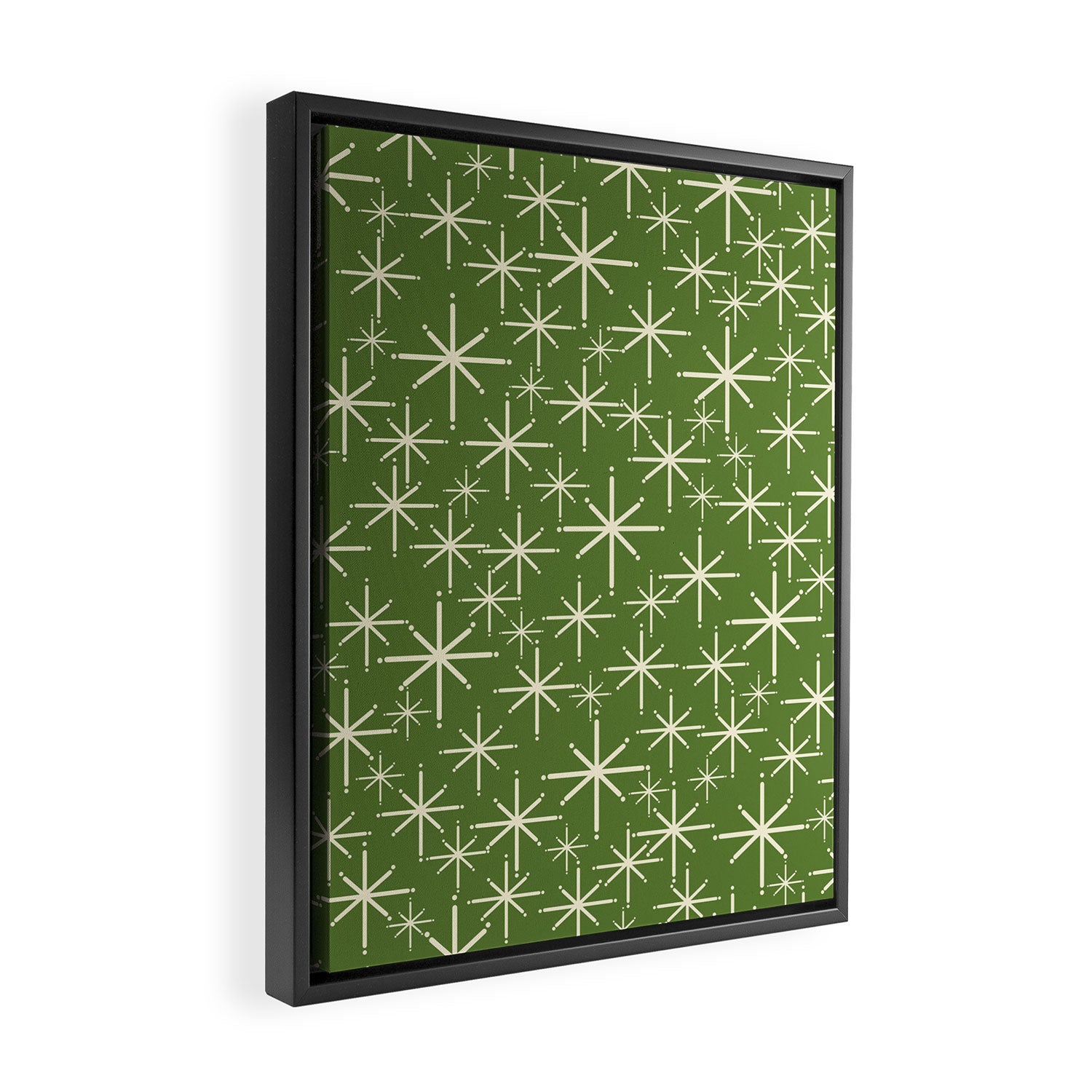 Atomic Age Starbursts - Mid Century Modern Pattern in Cream and Retro Christmas Green Framed Canvas Print Gallery Image 2