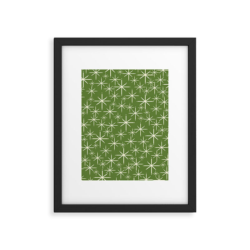 Atomic Age Starbursts - Mid Century Modern Pattern in Cream and Retro Christmas Green Framed Art Print Gallery Image 6