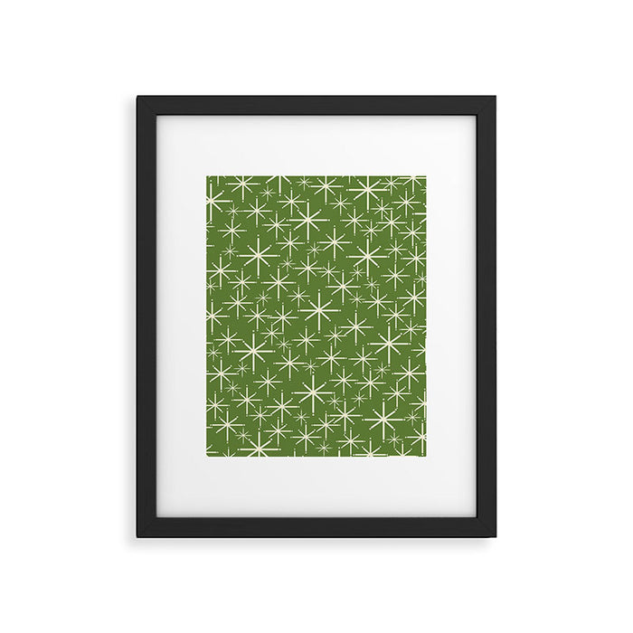 Atomic Age Starbursts - Mid Century Modern Pattern in Cream and Retro Christmas Green Framed Art Print Gallery Image 1