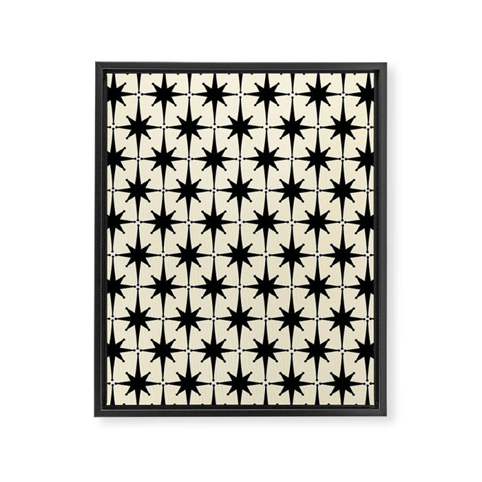 Atomic Age Starbursts - Midcentury Modern Pattern in Black and Retro Cream Framed Canvas Print Gallery Image 1