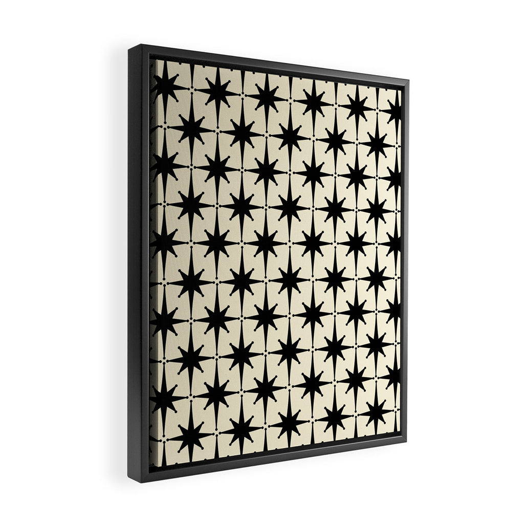 Atomic Age Starbursts - Midcentury Modern Pattern in Black and Retro Cream Framed Canvas Print Gallery Image 2