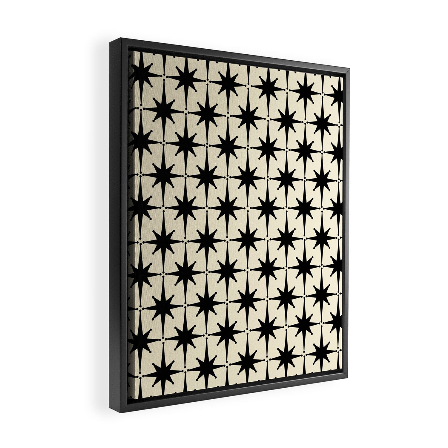 Atomic Age Starbursts - Midcentury Modern Pattern in Black and Retro Cream Framed Canvas Print Gallery Image 2